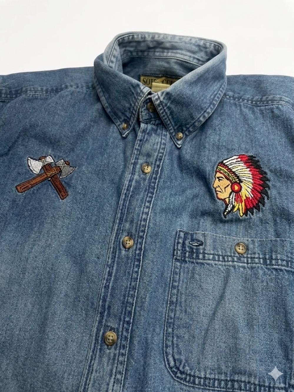 Vintage Sun River Clothing CO. Denim button down shirt M. Native American Patch